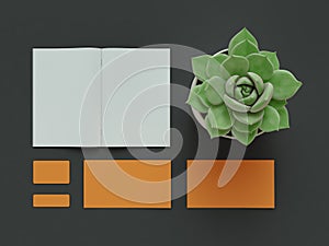 Atributes of web Designer on dark background. Top View. flat Lay. 3D rendering. High resolution.