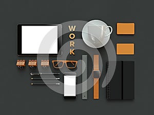 Atributes of web Designer on dark background. Top View. flat Lay. 3D rendering. High resolution.
