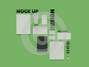 Atributes of web Designer on green background. Top View. flat Lay. 3D rendering. High resolution.