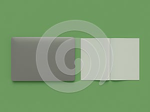 Atributes of web Designer on green background. Top View. flat Lay. 3D rendering. High resolution.
