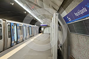 atrium of PraÃÂ§a de Espanha subway station with focus on the name of the area, Lisbon.