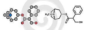 Atropine deadly nightshade (Atropa belladonna) alkaloid molecule. Medicinal drug and poison also found in Jimson weed (Datura
