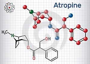 Atropine drug molecule. It is plant alkaloid. Sheet of paper in a cage. Structural chemical formula and molecule model