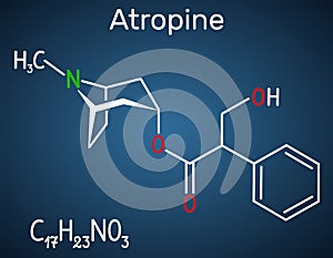 Atropine drug molecule. It is plant alkaloid. Structural chemical formula on the dark blue background