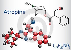 Atropine drug molecule. It is plant alkaloid. Structural chemical formula and molecule model photo