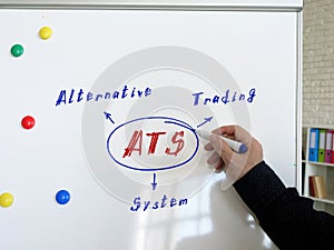 ATS Alternative Trading System written text. Young bussines man in a suit writing on the white board photo