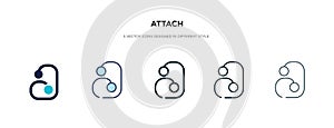 Attach icon in different style vector illustration. two colored and black attach vector icons designed in filled, outline, line