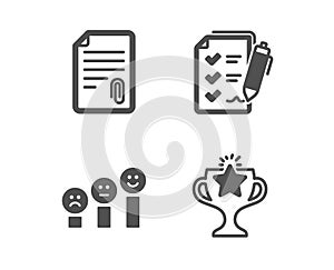 Attachment, Customer satisfaction and Survey checklist icons. Victory sign. Vector