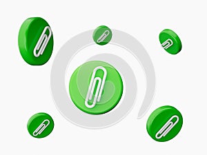 Attachment icon. Paper clip symbol. icon on white background. Green round press button 3d illustration