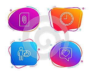 Attachment, Time and Like icons set. Heart sign. Attach document, Office clock, Thumbs up. Like rating. Vector