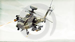 Attack Apache longbow helicopter gunship engaging a target firing its rockets. photo