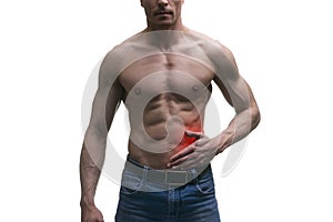 Attack of appendicitis, pain in left side of muscular male body, isolated on white background