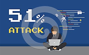 51% attack concept flat criminal illustration of hacker coding bug to hack a blockchain network