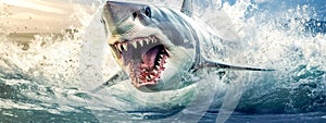attack of a great white shark above the water surface of the ocean, banner