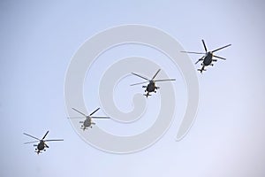 Attack helicopters flying in the sky