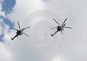 Attack helicopters Mi-28N Night Hunter at the rehearsal of the Victory Parade.