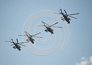 Attack helicopters `Mi-35M` during a rehearsal of the parade dedicated to the 72 anniversary of the Victory in the great Patriotic photo