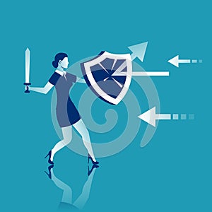 Attack protection. Businesswoman holds a shield defending from attacks