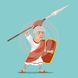 Attack spearman legionnaire warrior soldier spear shield greek roman character icon design cartoon vector illustration photo