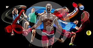 Attack. Sport collage about badminton, tennis, boxing and handball players