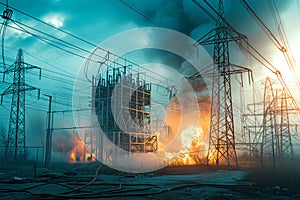 An attack by terrorists caused fire to engulf an electric power substation, which caused everything to be destroyed