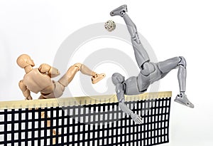 Attacker figurine performs dynamic sunback spike and blocking in sepak takraw