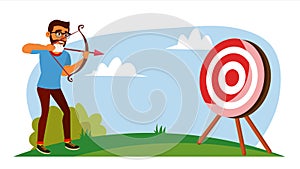 Attainment Concept Vector. Businessman Shooting From A Bow In A Target. Objective Attainment, Achievement. Flat Cartoon