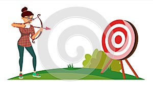 Attainment Winner Concept Vector. Business Woman Shooting From A Bow In A Target. Objective Attainment, Achievement