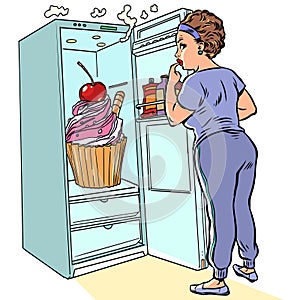 Attempts to restrain rejection against sugar. The girl opened the refrigerator to eat a delicious dessert. Fresh and