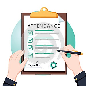 Attendance concept. Businessman holding document. Vector flat design. Man hold document clipboard with checklist.