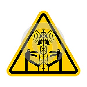 Attention 5G tower chipping population. Warning yellow road sign. Caution Zombies walk around cell tower. Conspiracy theory. TV