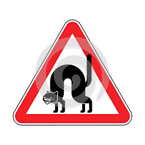 Attention Angry cat. Caution Attacker pet bully. Red triangle road sign