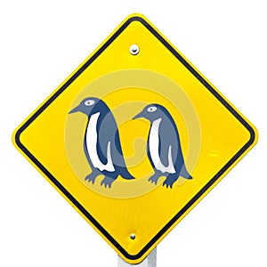 Attention Blue Penguin Crossing Road Sign
