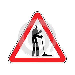 Attention cleaner. Caution janitor. Red triangle road sign
