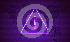 Attention Danger Hacking. Neon Symbol on Map Purple Background. Security protection Malware Hack Attack Data Breach Concept.