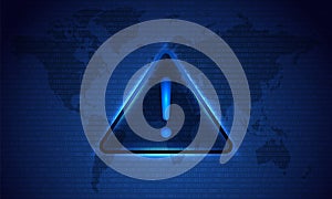 Attention Danger Hacking. Symbol on Map Dark Blue Background. Security protection, Malware, Hack Attack, Data Breach Concept.