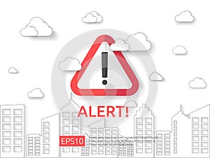 attention exclamation warning alert mark symbol sign with cloud and building background. internet security business Concept vector