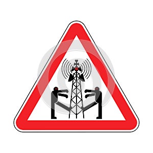 Attention 5G tower chipping population. Warning red road sign. Caution Zombies walk around cell tower. Conspiracy theory. TV and