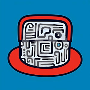 Attention-grabbing Tribal Abstraction: Red Top Hat On Blue Background