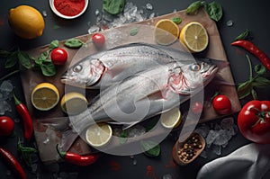 Attention grabbing visually appealing whole fishes on wooden board. Generate ai