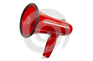 Attention, important broadcast and communicate public announcement concept with red loud speaker isolated on white background with