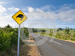 Attention Kiwi Crossing Roadsign at NZ rural road