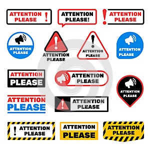 Attention please message vector signs. Alert important information labels