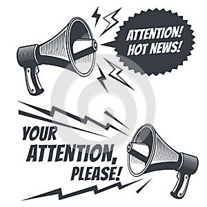 Attention please vector symbols with voice megaphone. Commercial poster