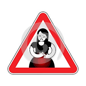 Attention PMS. Caution Menstrual pain girl. Red road danger sign