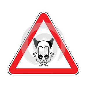 Attention scary clown. Danger circus. Red Caution road sign. Ve