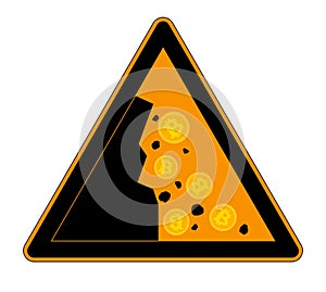 Attention sign Bitcoin Falls Down. Cartoon Style Vector Illustration.