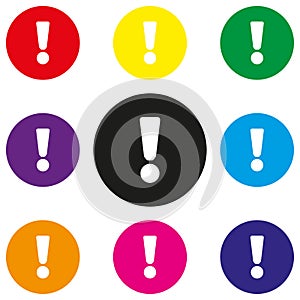 Attention sign icon. Exclamation mark. Hazard warning symbol. Round colourful 11 buttons. Vector