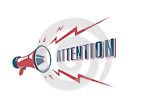 Attention sign with retro megaphone. Vector vintage megaphone isolated on the white background.