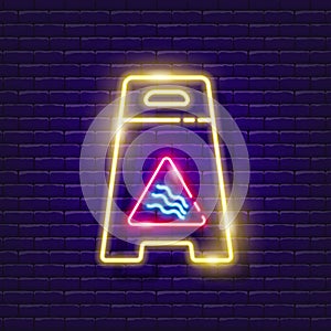 Attention slippery floor neon sign. Cleaning symbol. Glowing signboard icon with warning. Vector illustration for design. Alert